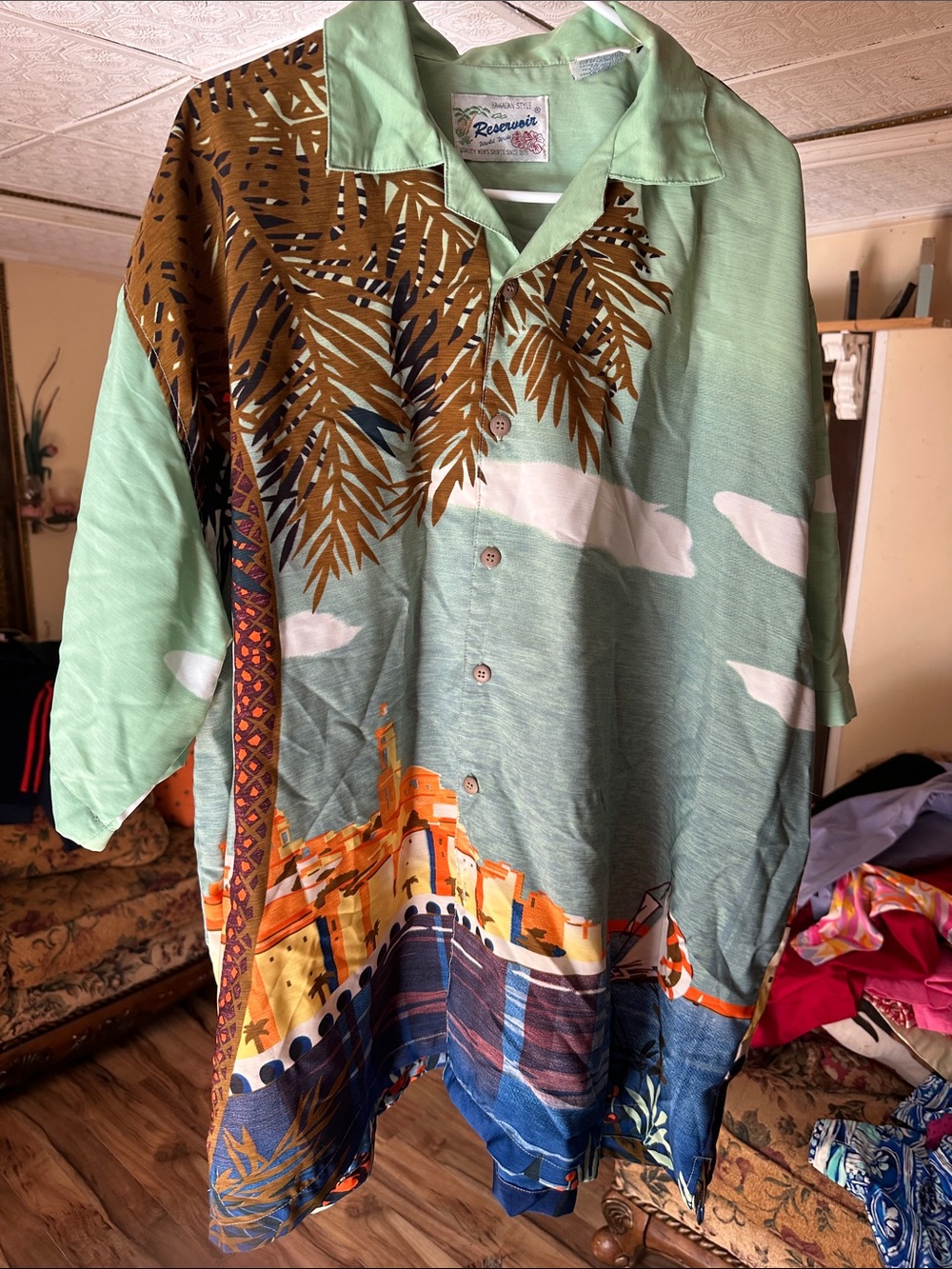 Resort Mint Green Palm-Print Casual Button-Down Shirt